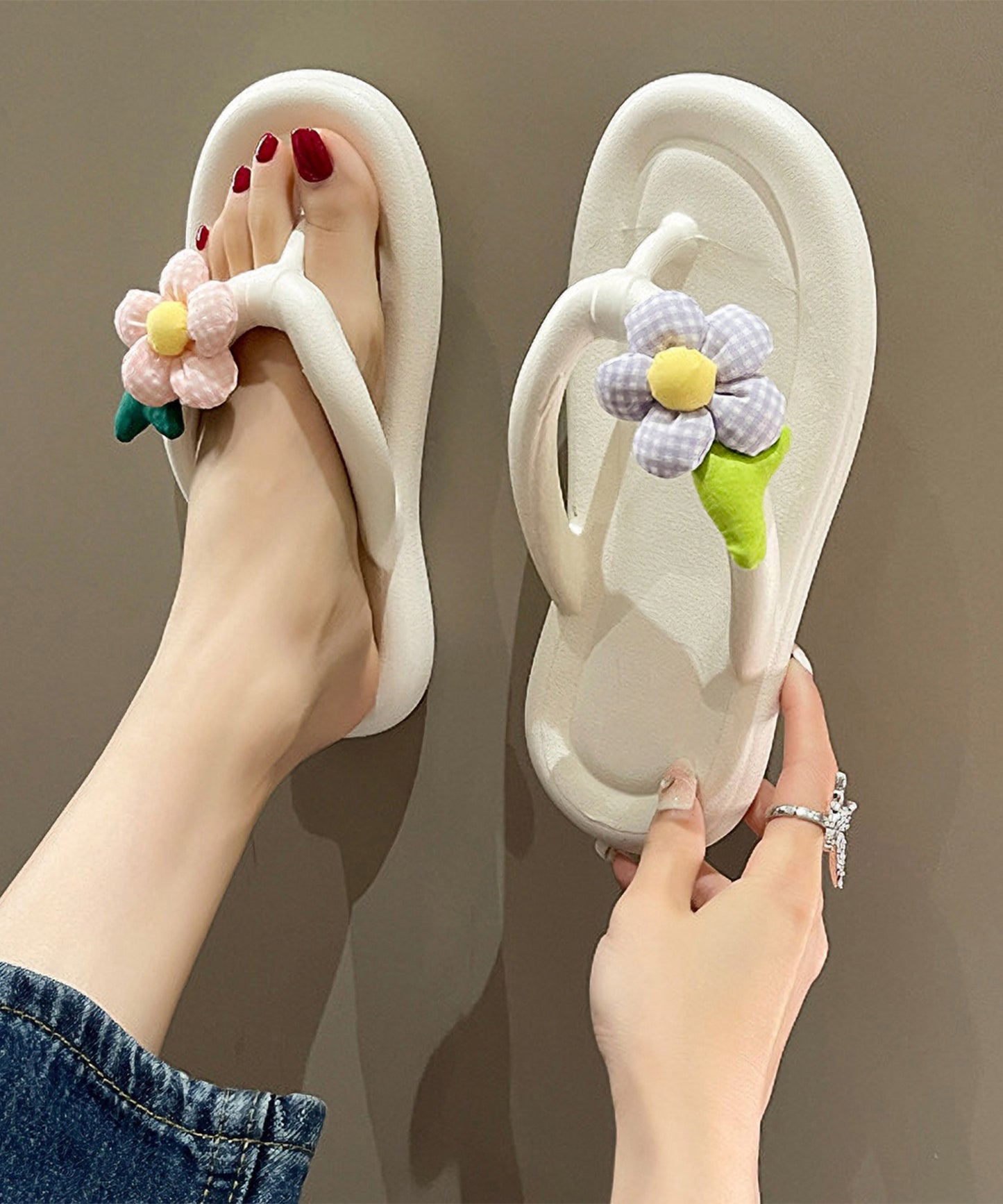 チェック フラワーモチーフ EVA チューブ トング サンダル