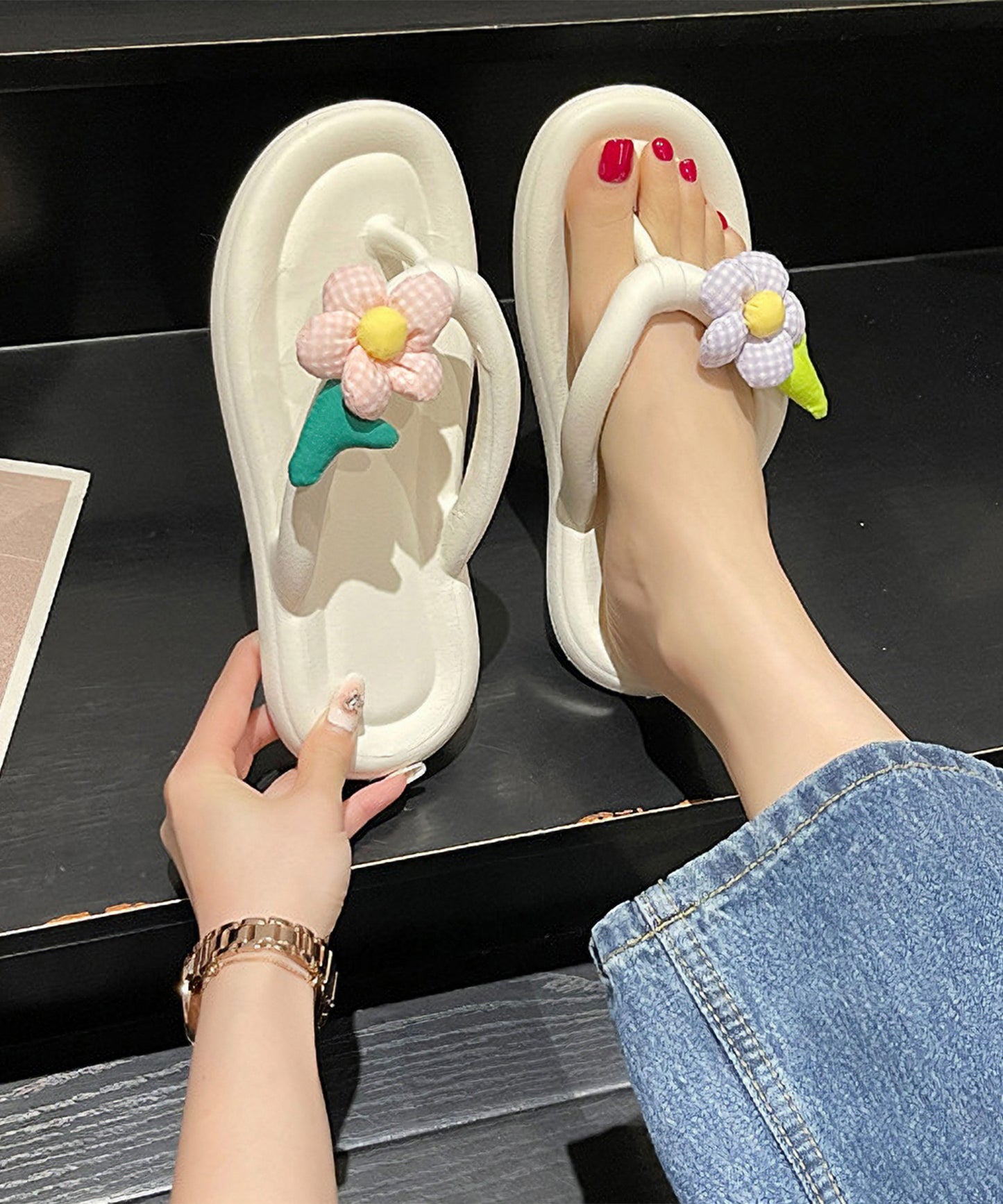 チェック フラワーモチーフ EVA チューブ トング サンダル