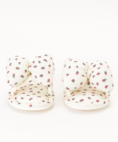 イチゴ柄 リボン オープン フラット スリッパ