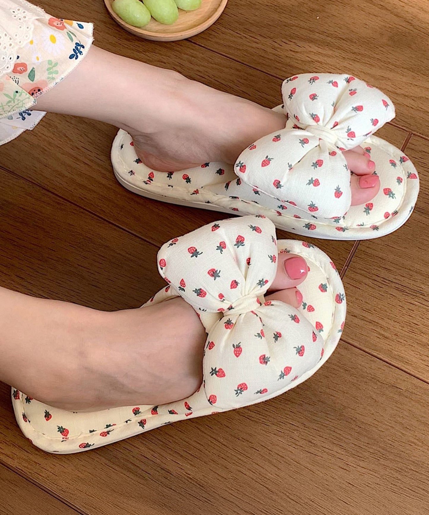 イチゴ柄 リボン オープン フラット スリッパ