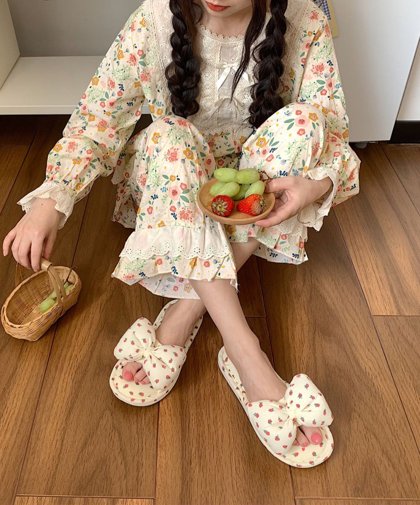 イチゴ柄 リボン オープン フラット スリッパ