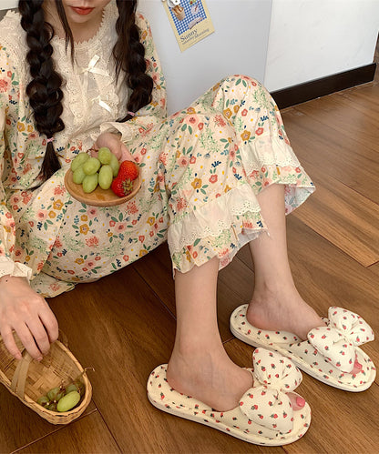 イチゴ柄 リボン オープン フラット スリッパ