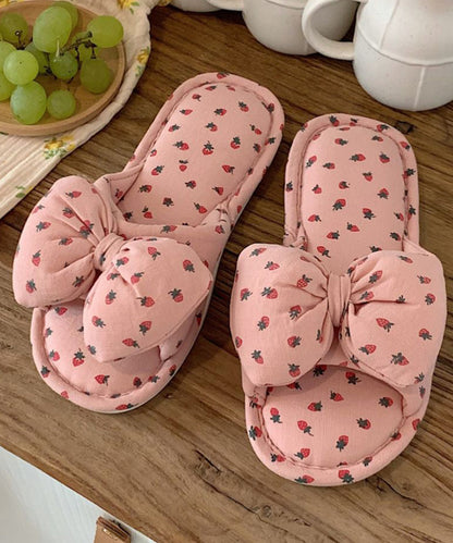 イチゴ柄 リボン オープン フラット スリッパ