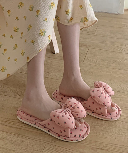 イチゴ柄 リボン オープン フラット スリッパ
