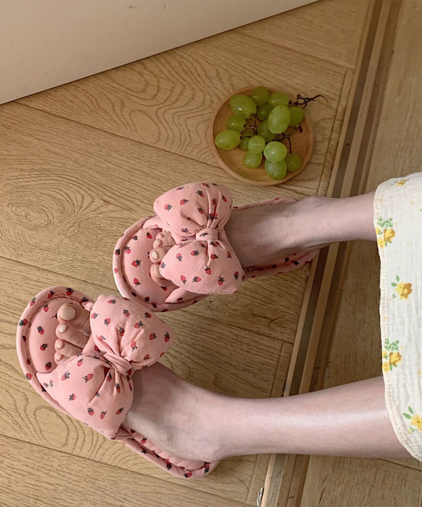 イチゴ柄 リボン オープン フラット スリッパ