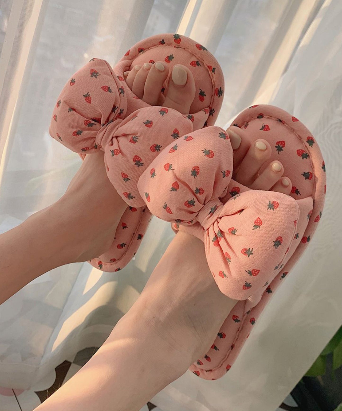 イチゴ柄 リボン オープン フラット スリッパ