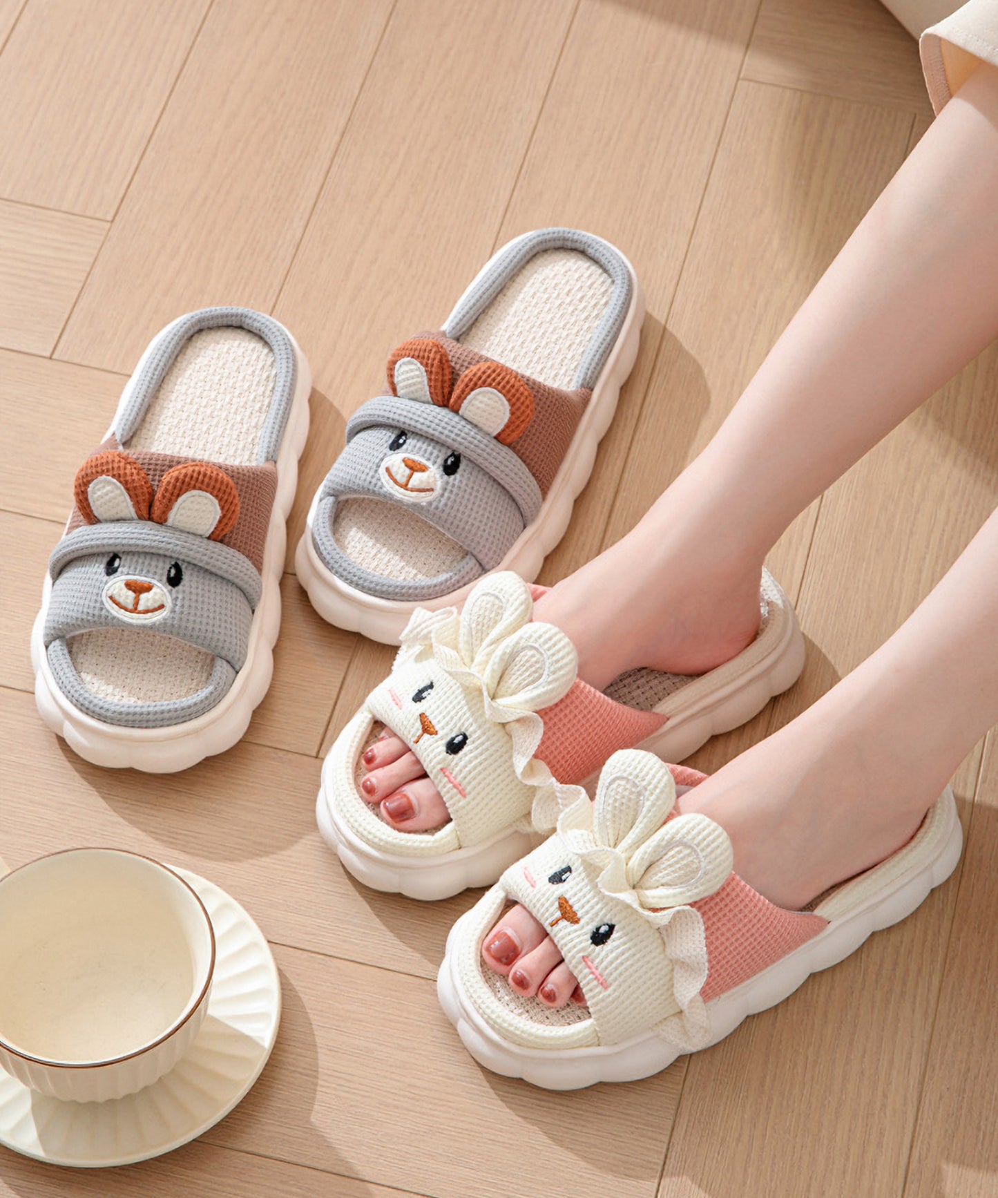配色 ウサギ ワッフル オープン フラット スリッパ
