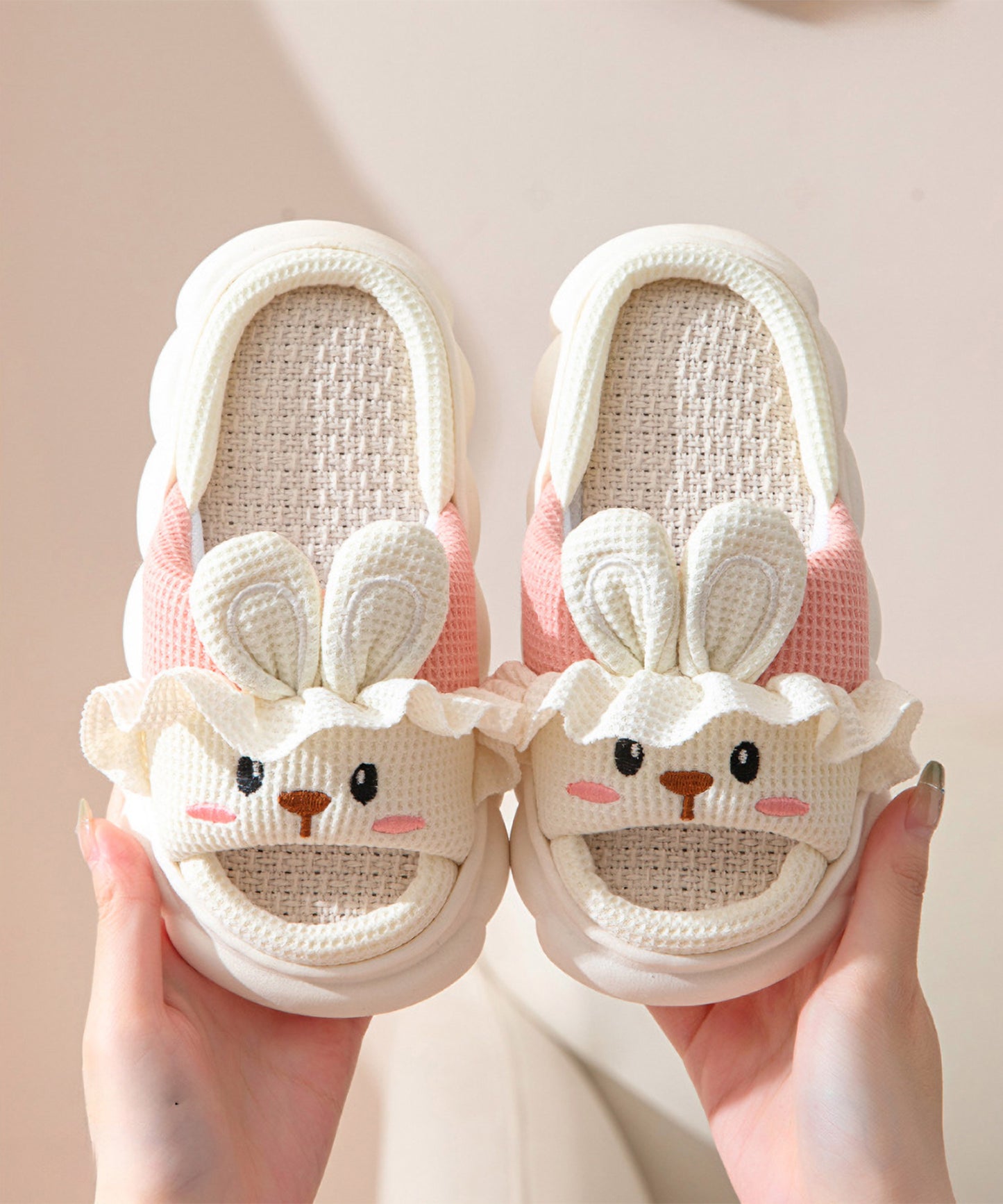配色 ウサギ ワッフル オープン フラット スリッパ