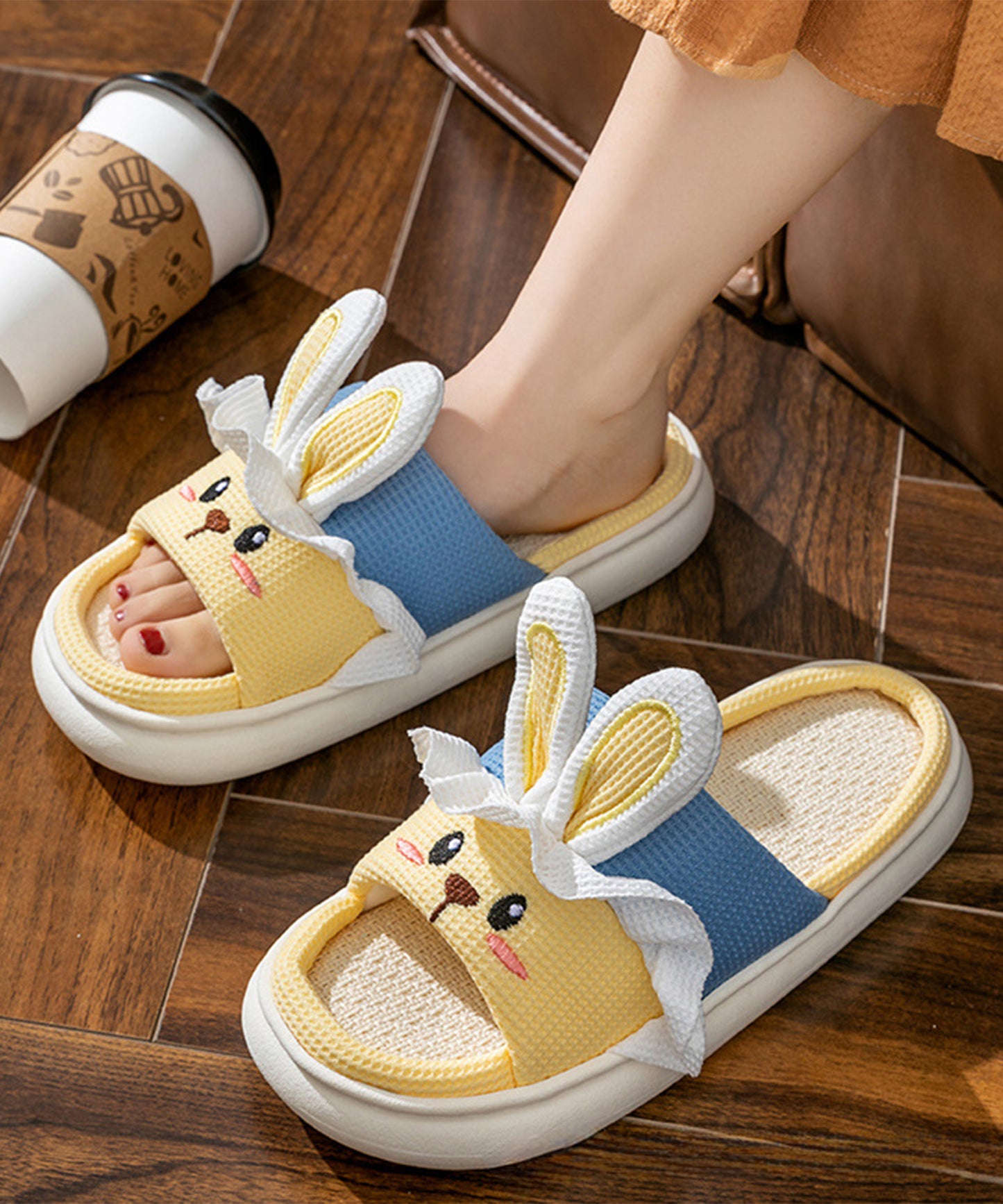 配色 ウサギ ワッフル オープン フラット スリッパ