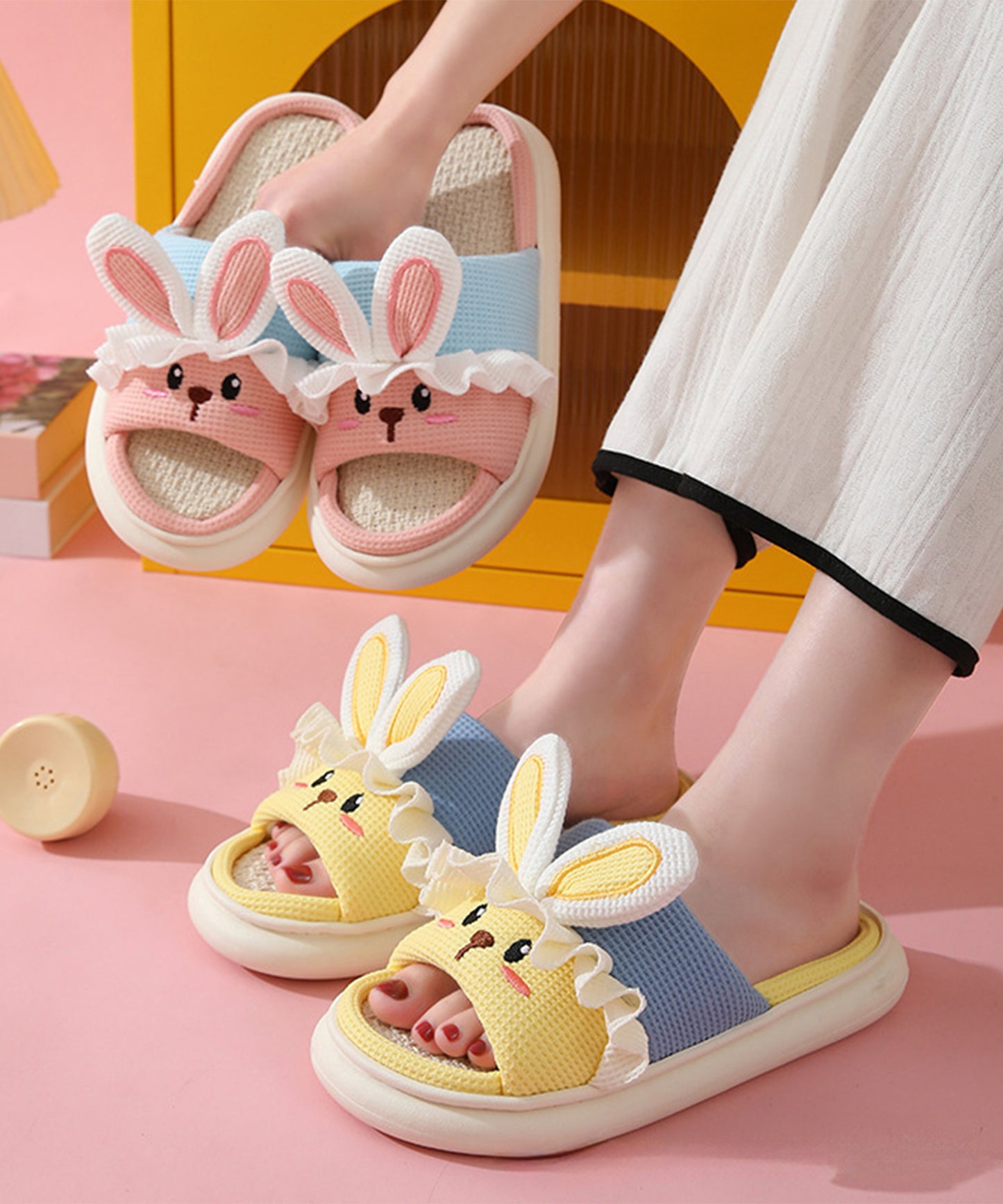 配色 ウサギ ワッフル オープン フラット スリッパ