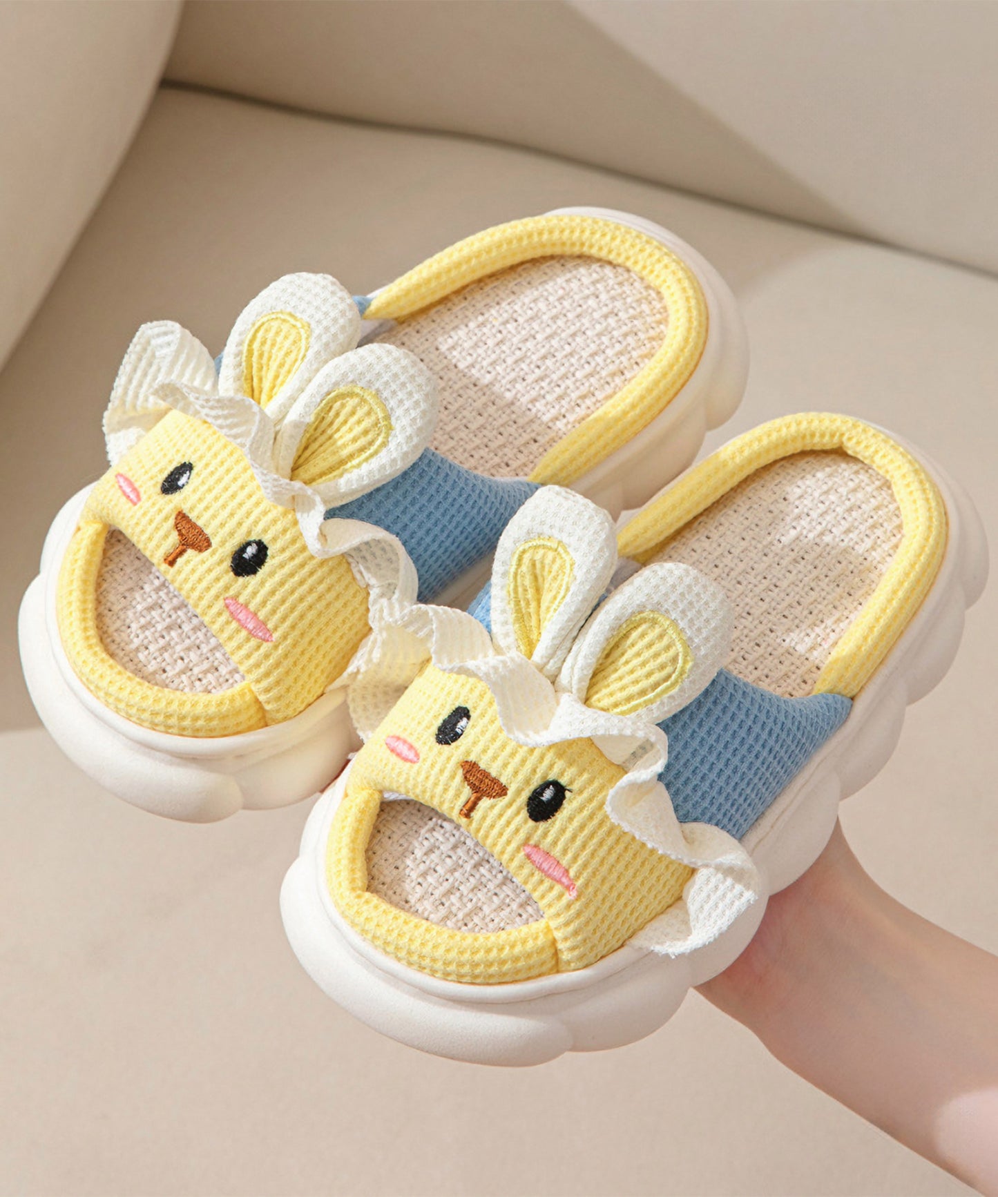 配色 ウサギ ワッフル オープン フラット スリッパ