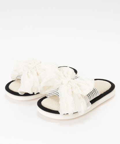フリル リボン オープン フラット スリッパ