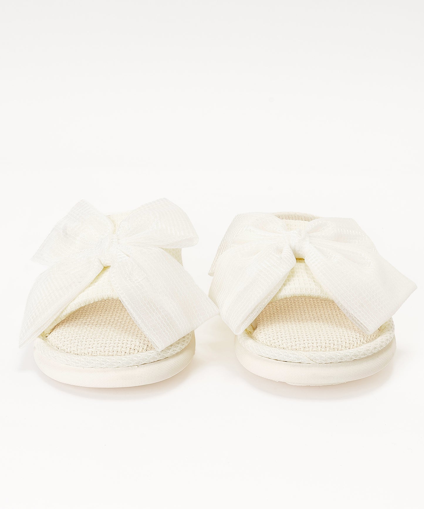 ワッフル リボン オープン フラット スリッパ