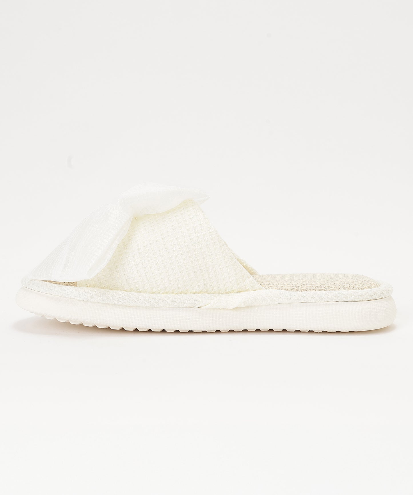 ワッフル リボン オープン フラット スリッパ