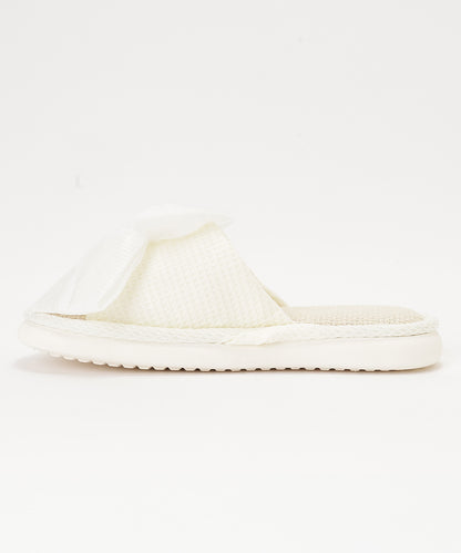 ワッフル リボン オープン フラット スリッパ