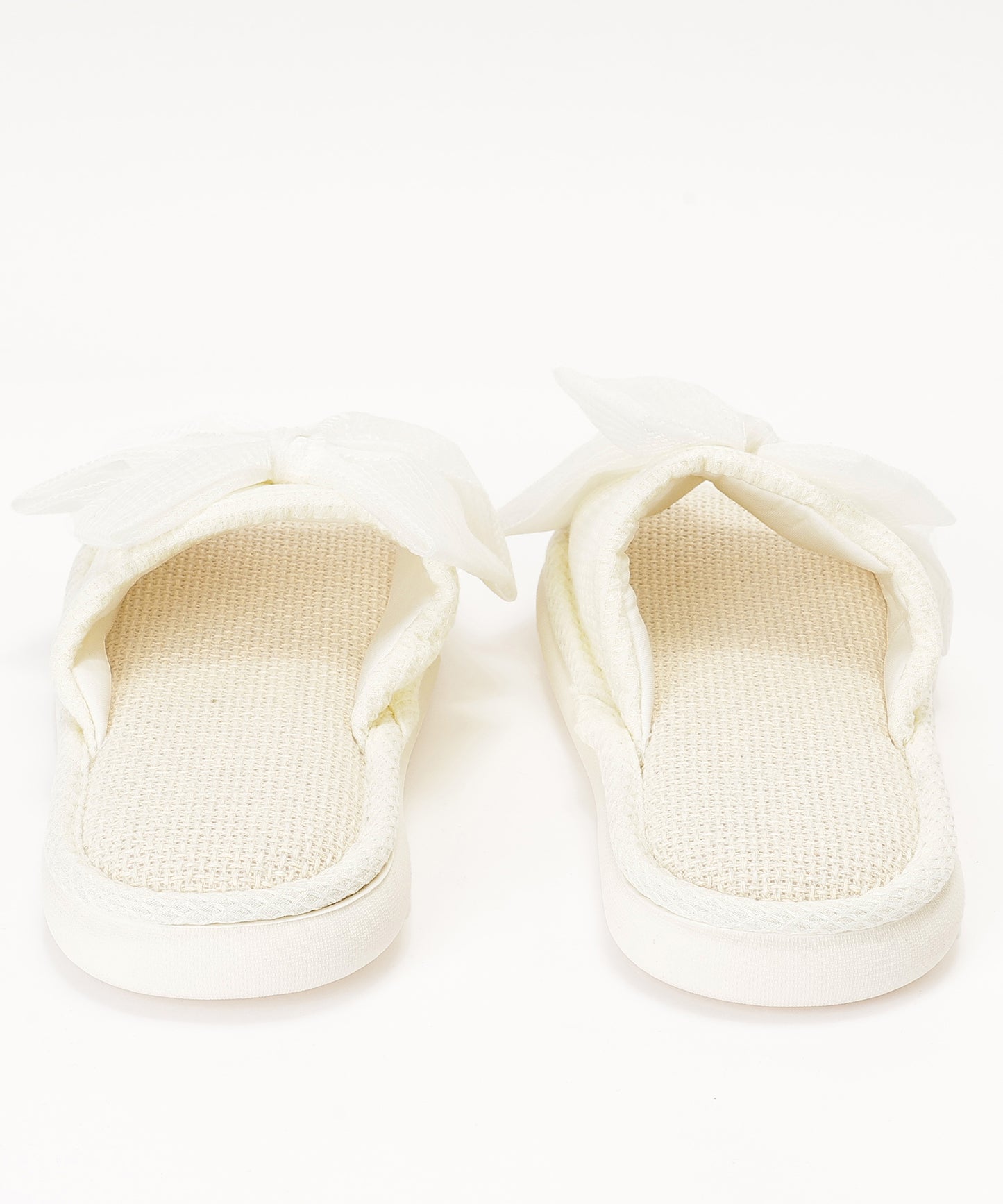 ワッフル リボン オープン フラット スリッパ