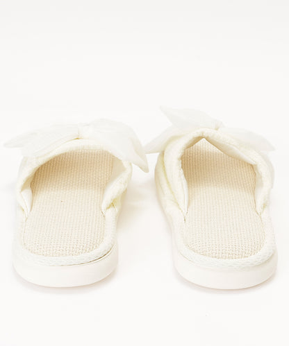 ワッフル リボン オープン フラット スリッパ