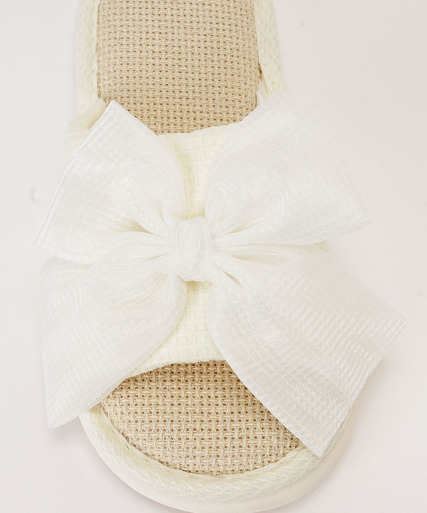 ワッフル リボン オープン フラット スリッパ