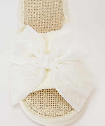 ワッフル リボン オープン フラット スリッパ