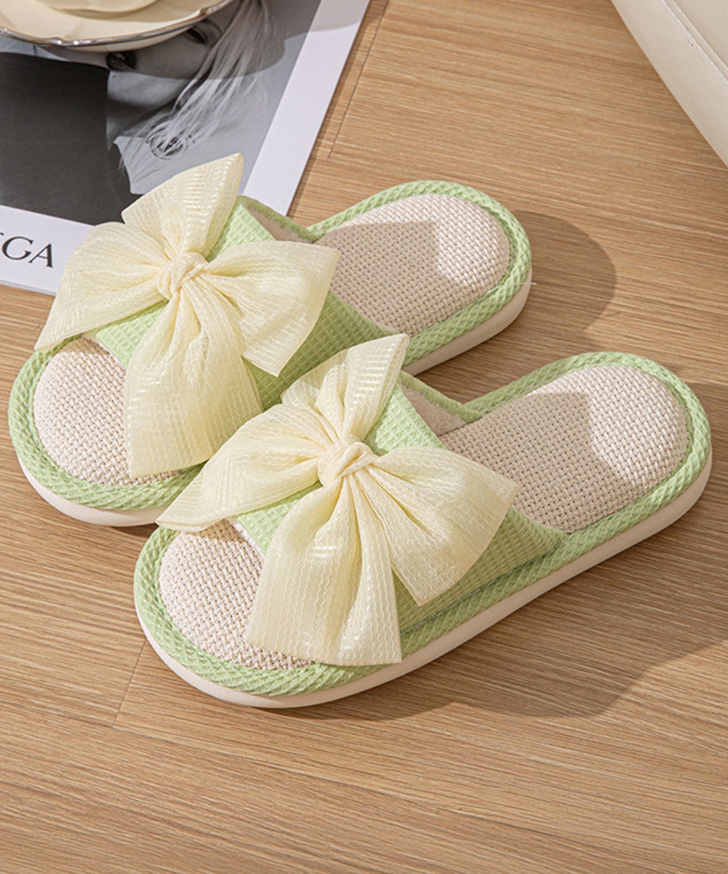 ワッフル リボン オープン フラット スリッパ