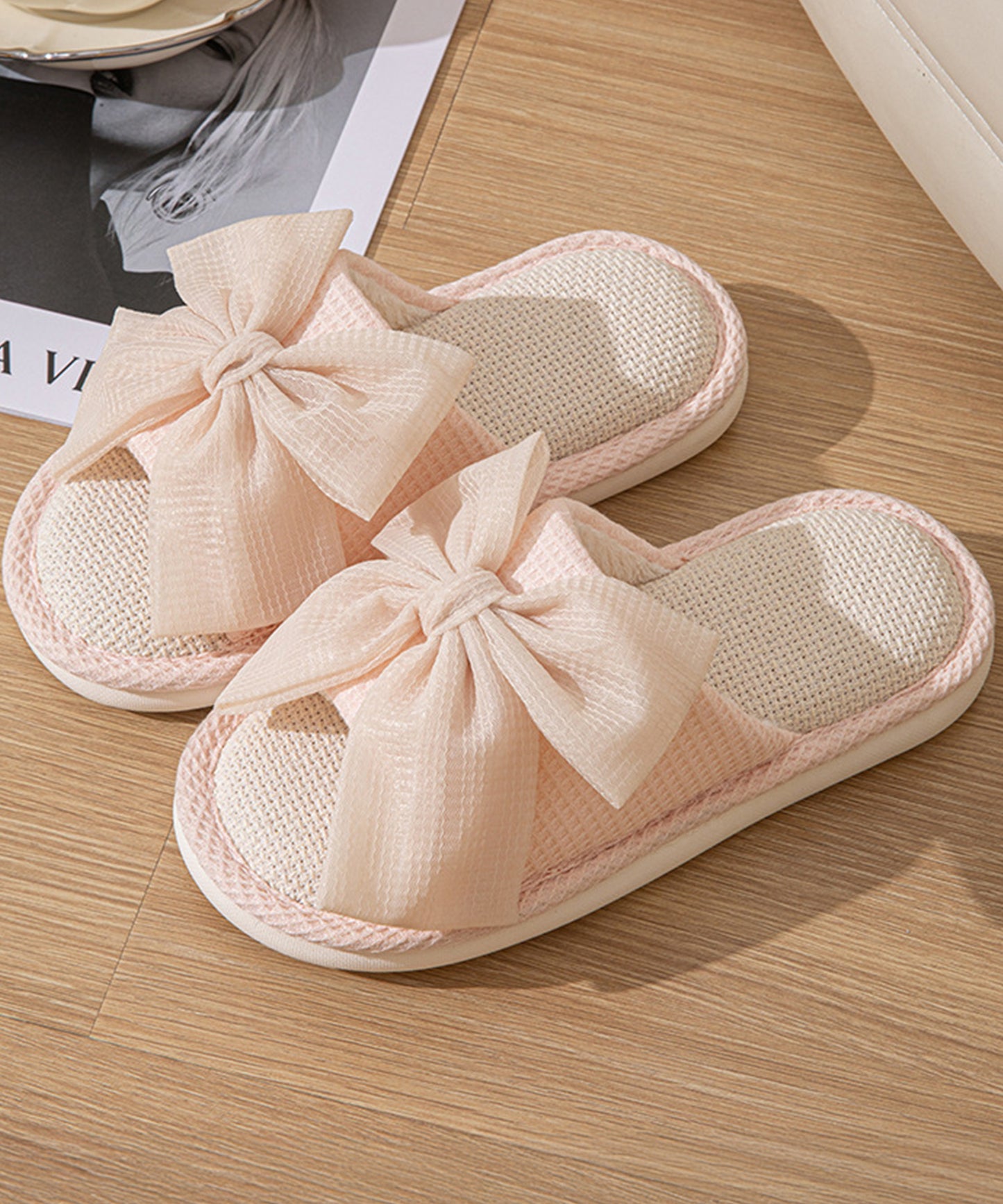 ワッフル リボン オープン フラット スリッパ