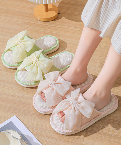 ワッフル リボン オープン フラット スリッパ