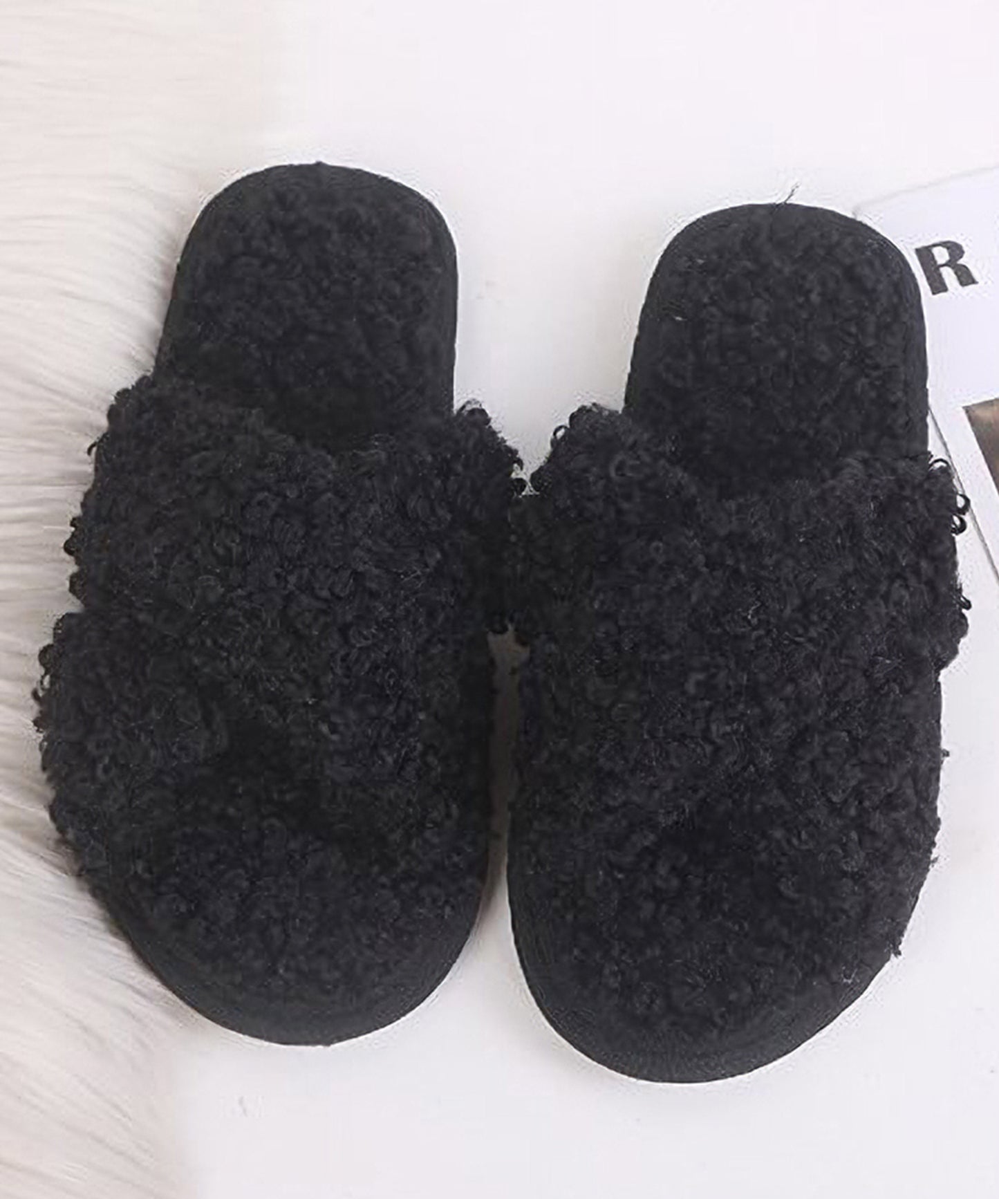 プードルファー クロスデザイン フラット スリッパ ルームシューズ