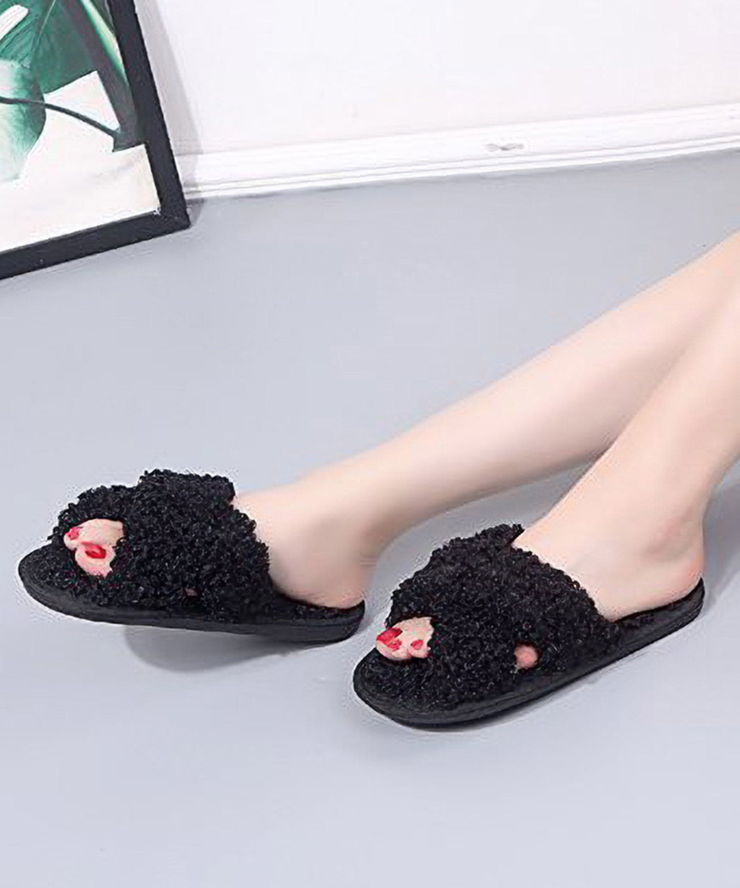 プードルファー クロスデザイン フラット スリッパ ルームシューズ