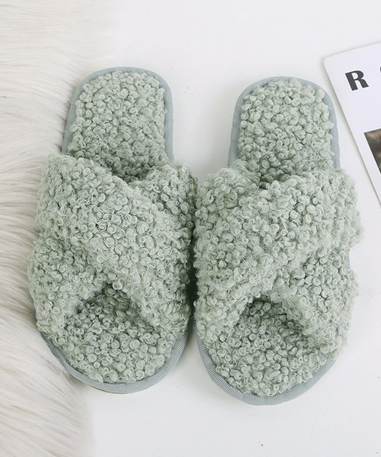 プードルファー クロスデザイン フラット スリッパ ルームシューズ