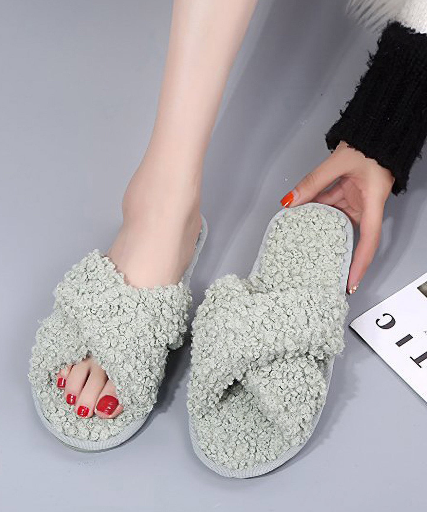 プードルファー クロスデザイン フラット スリッパ ルームシューズ