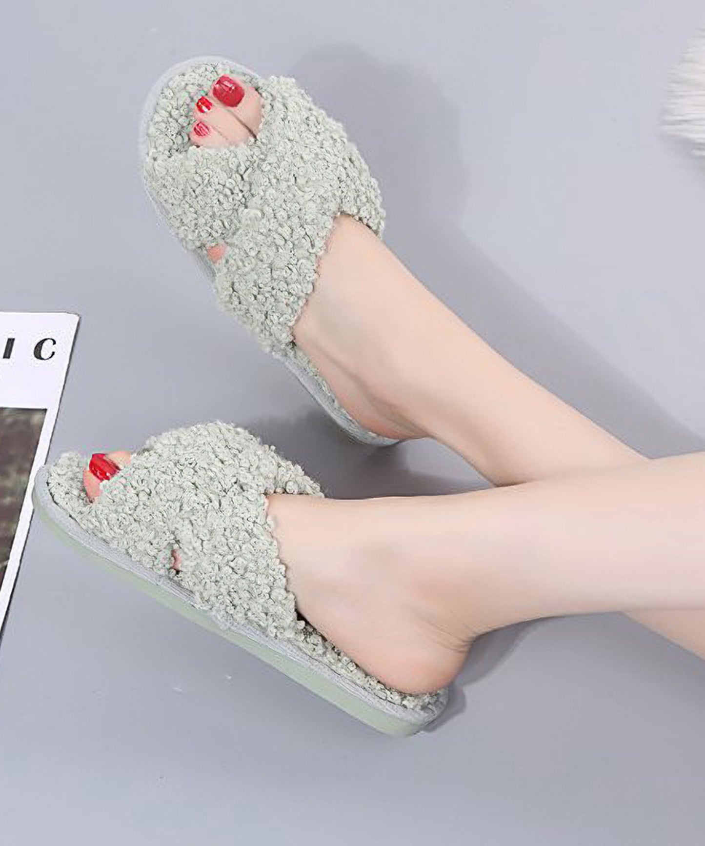 プードルファー クロスデザイン フラット スリッパ ルームシューズ