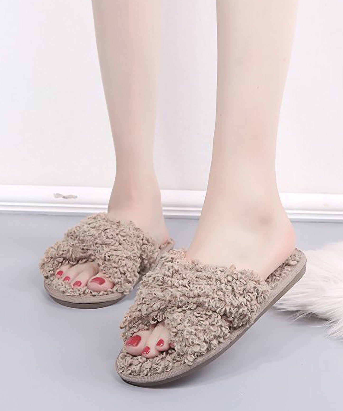 プードルファー クロスデザイン フラット スリッパ ルームシューズ