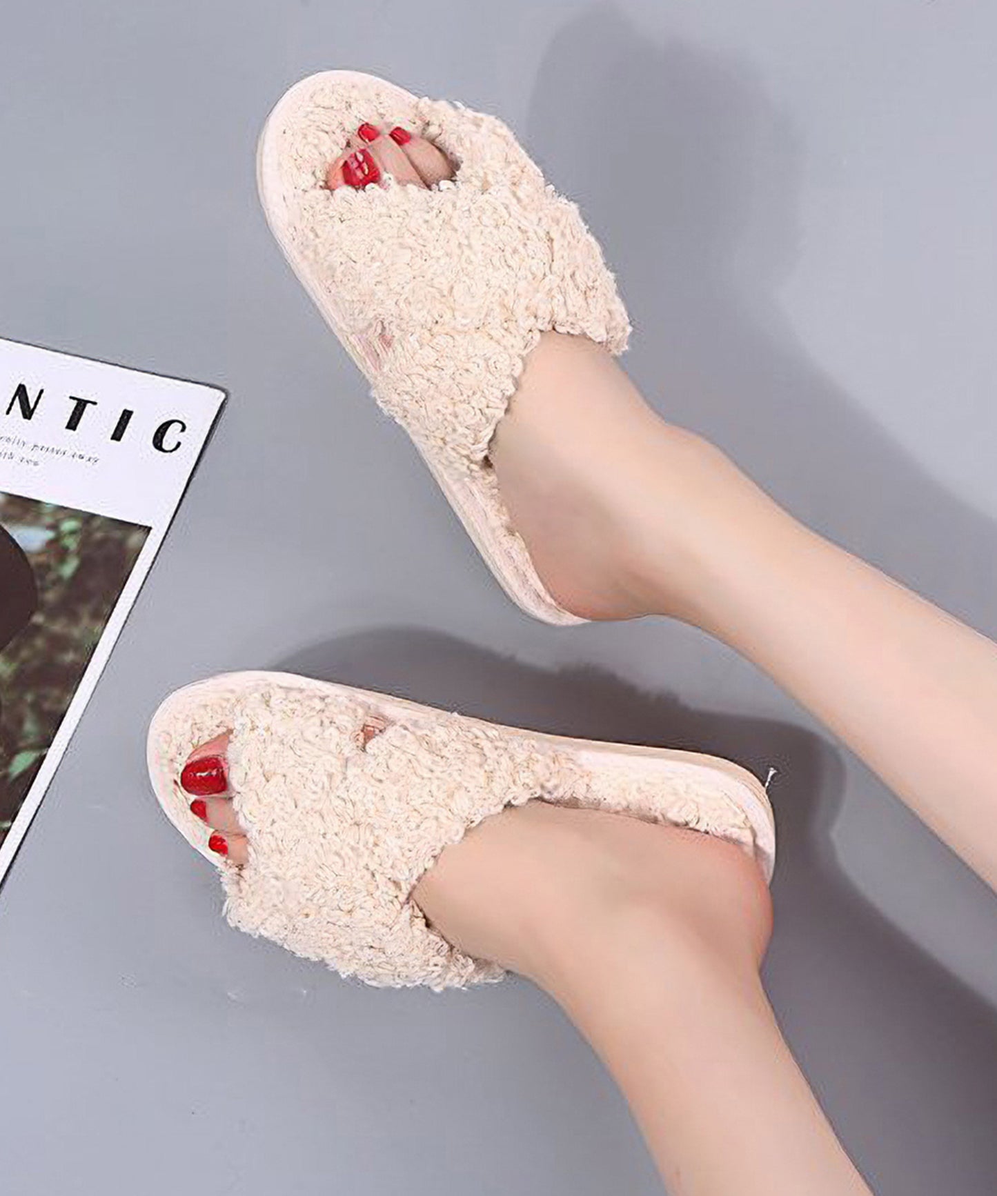 プードルファー クロスデザイン フラット スリッパ ルームシューズ