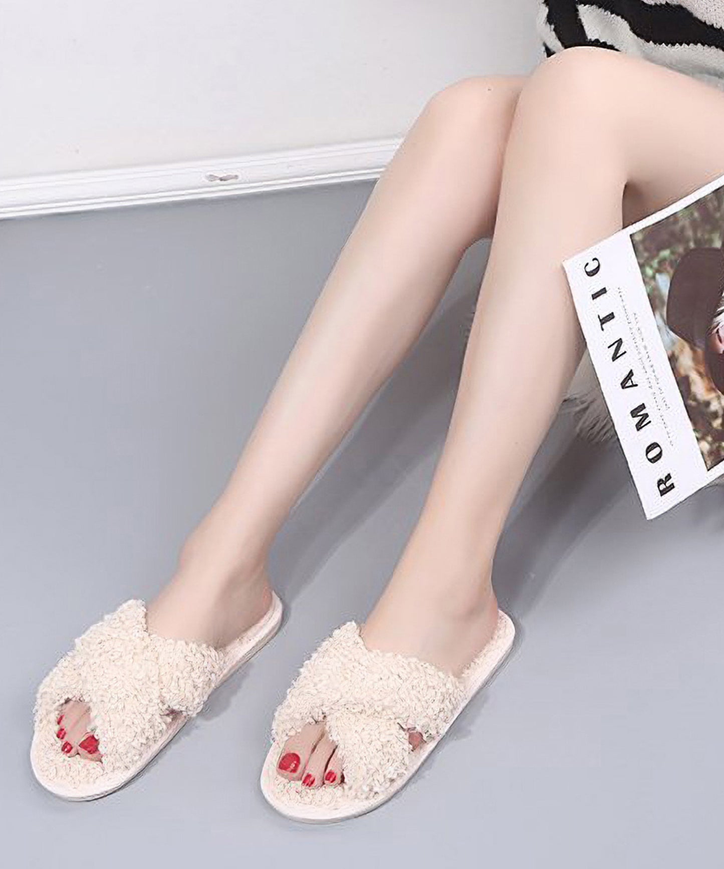 プードルファー クロスデザイン フラット スリッパ ルームシューズ