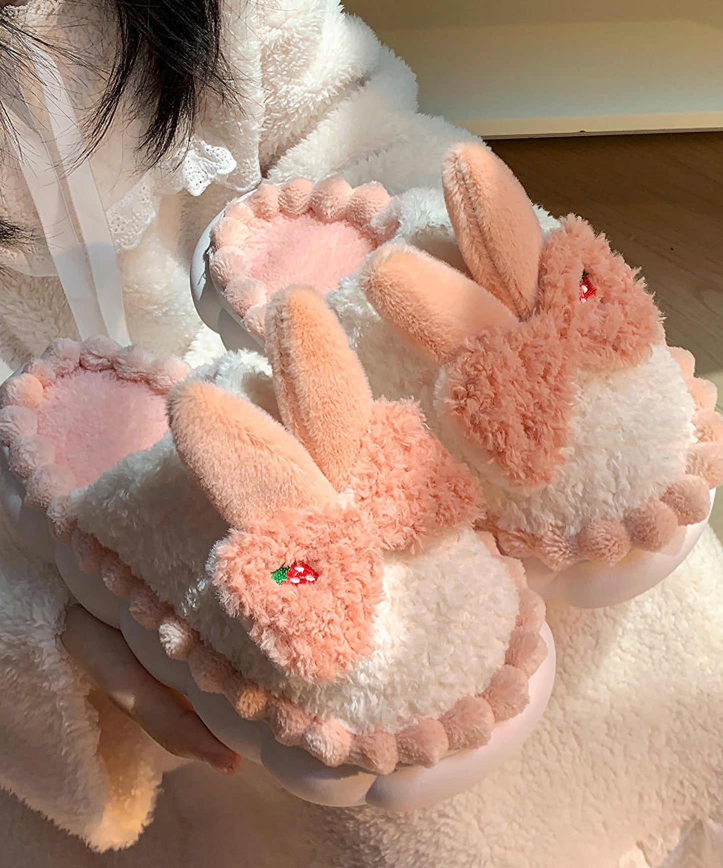 配色 ウサギ ボア スリッパ ルームシューズ