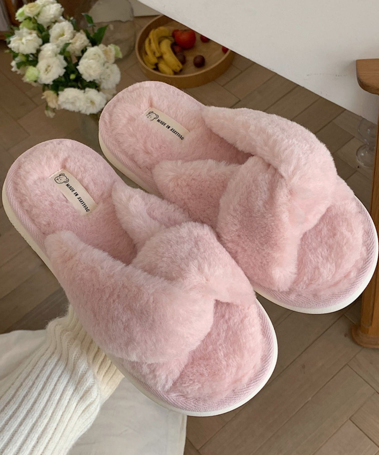 ファー ツイスト クロスデザイン フラット スリッパ ルームシューズ