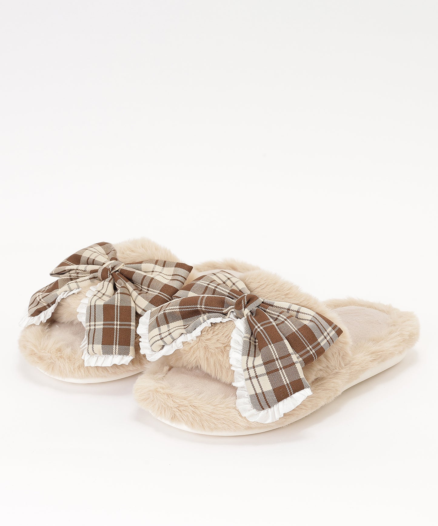 チェック柄 リボン ファー オープン スリッパ ルームシューズ
