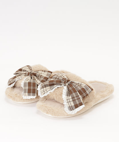 チェック柄 リボン ファー オープン スリッパ ルームシューズ