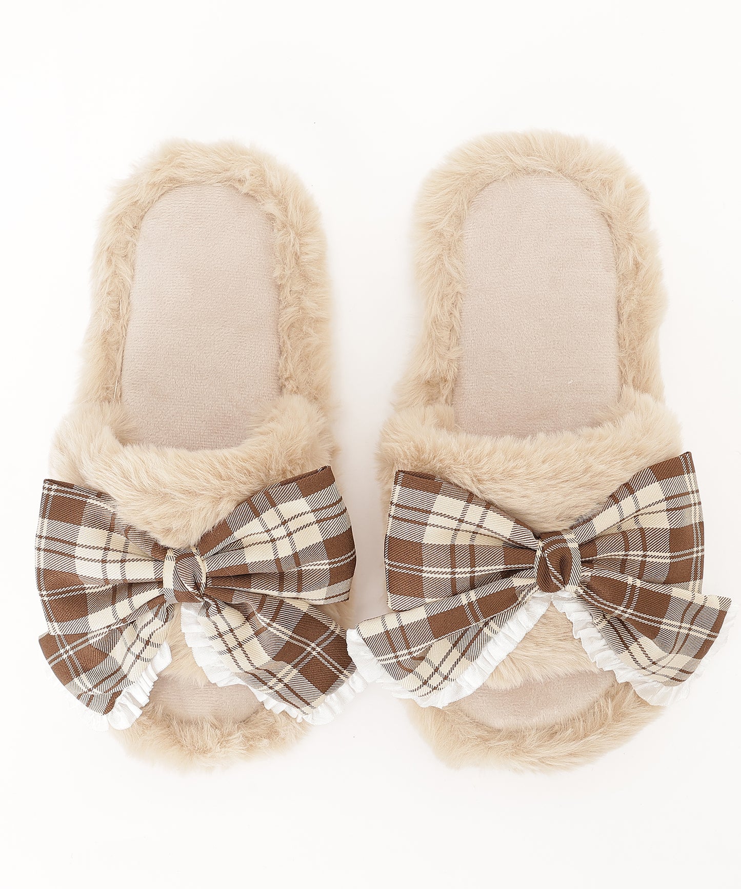 チェック柄 リボン ファー オープン スリッパ ルームシューズ