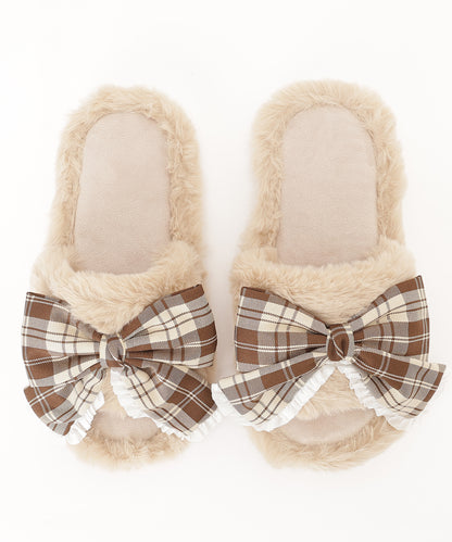 チェック柄 リボン ファー オープン スリッパ ルームシューズ