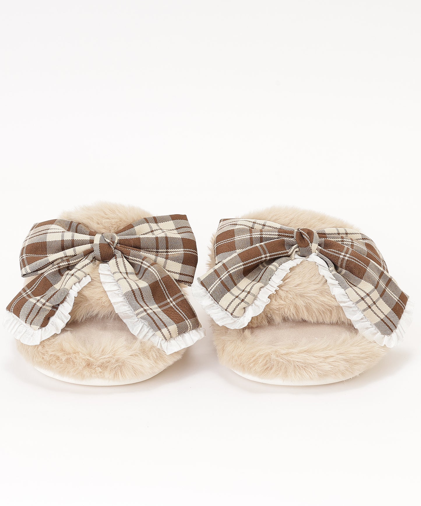 チェック柄 リボン ファー オープン スリッパ ルームシューズ