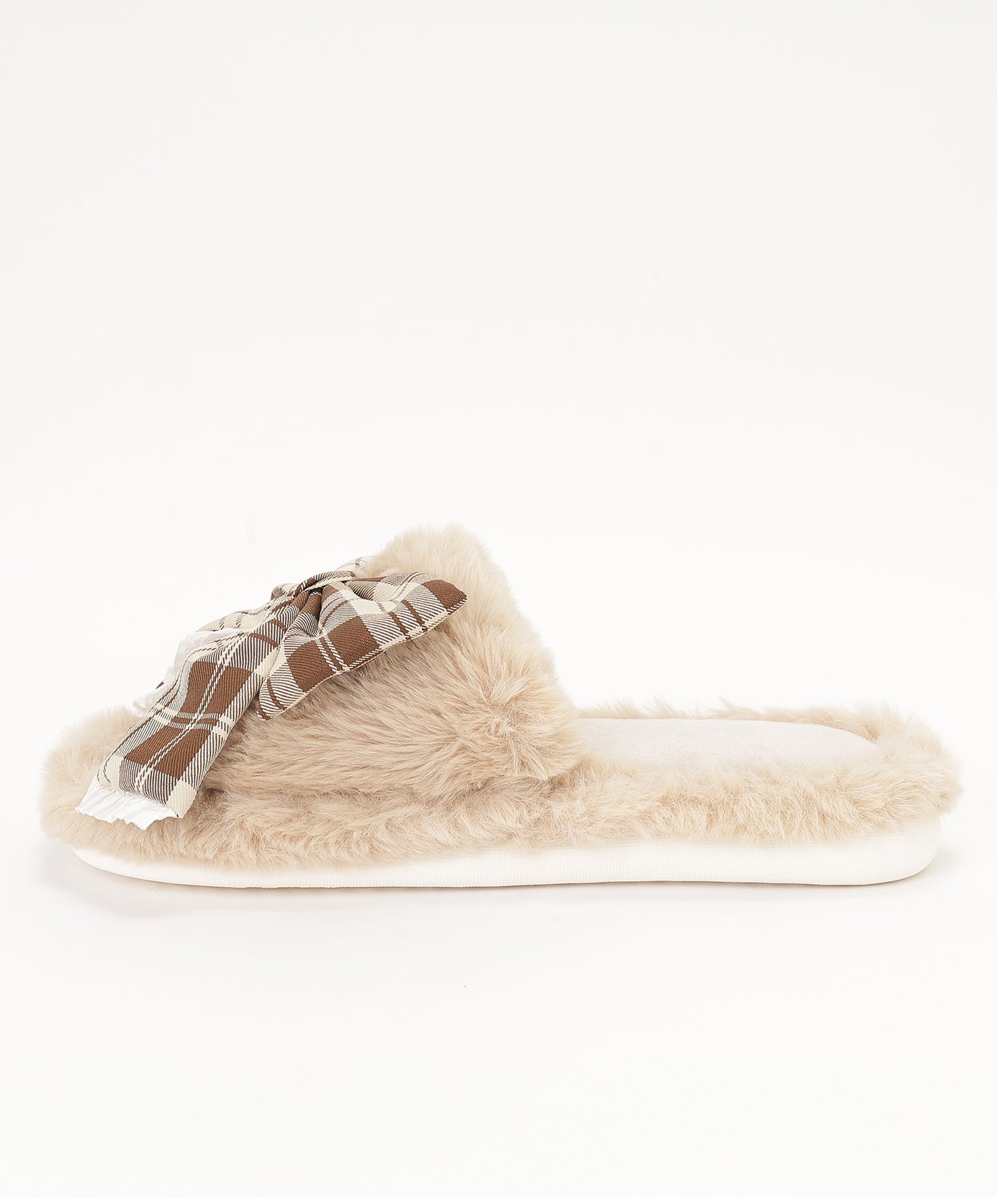 チェック柄 リボン ファー オープン スリッパ ルームシューズ