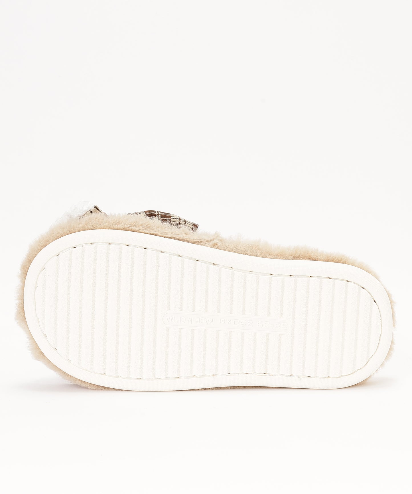 チェック柄 リボン ファー オープン スリッパ ルームシューズ