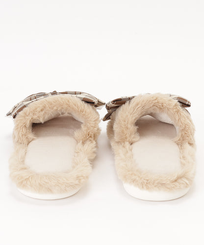 チェック柄 リボン ファー オープン スリッパ ルームシューズ