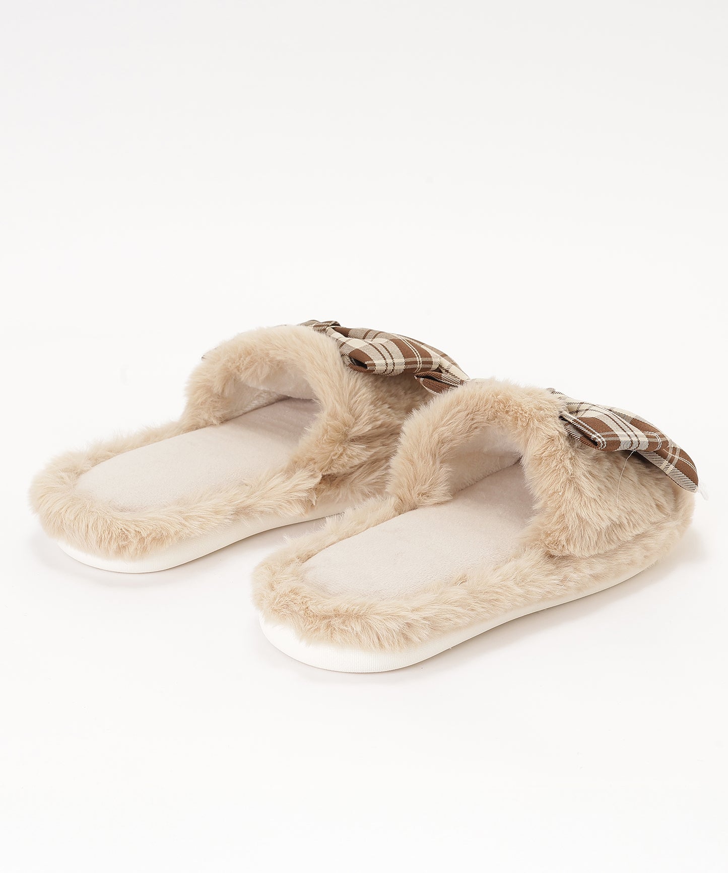 チェック柄 リボン ファー オープン スリッパ ルームシューズ