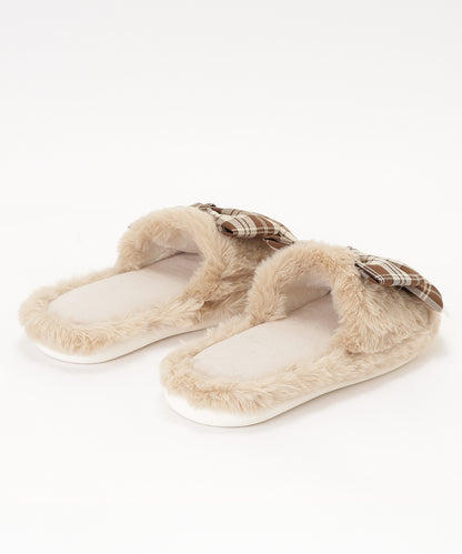 チェック柄 リボン ファー オープン スリッパ ルームシューズ