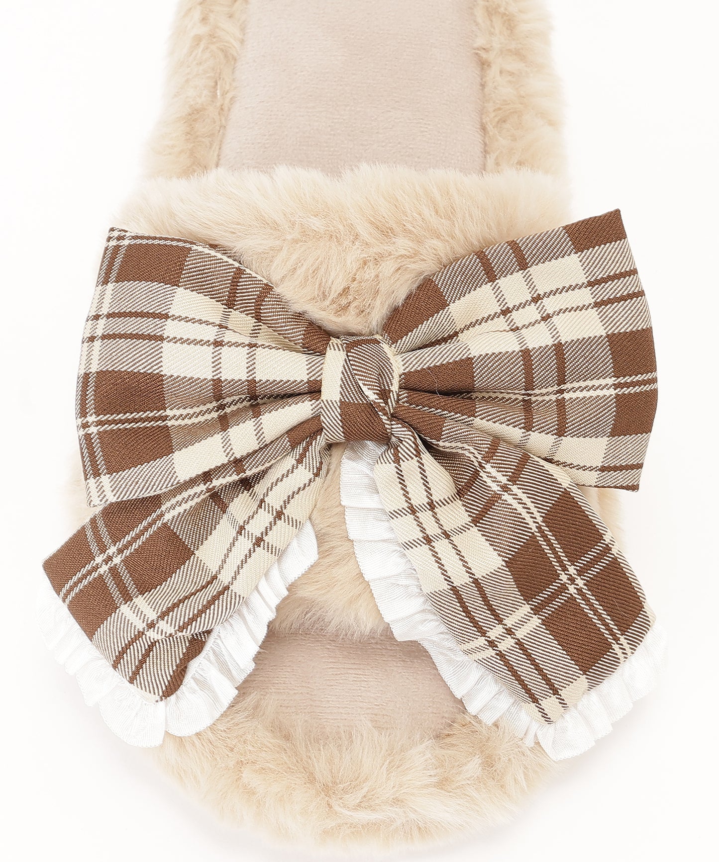 チェック柄 リボン ファー オープン スリッパ ルームシューズ
