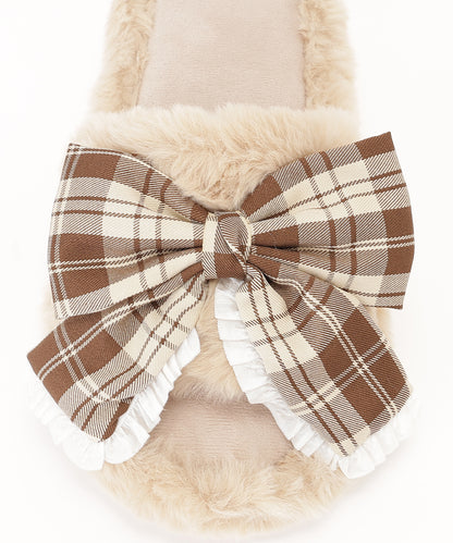 チェック柄 リボン ファー オープン スリッパ ルームシューズ