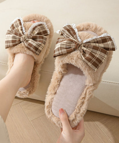 チェック柄 リボン ファー オープン スリッパ ルームシューズ