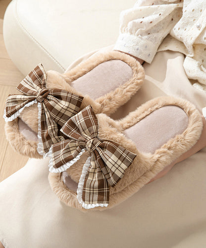 チェック柄 リボン ファー オープン スリッパ ルームシューズ
